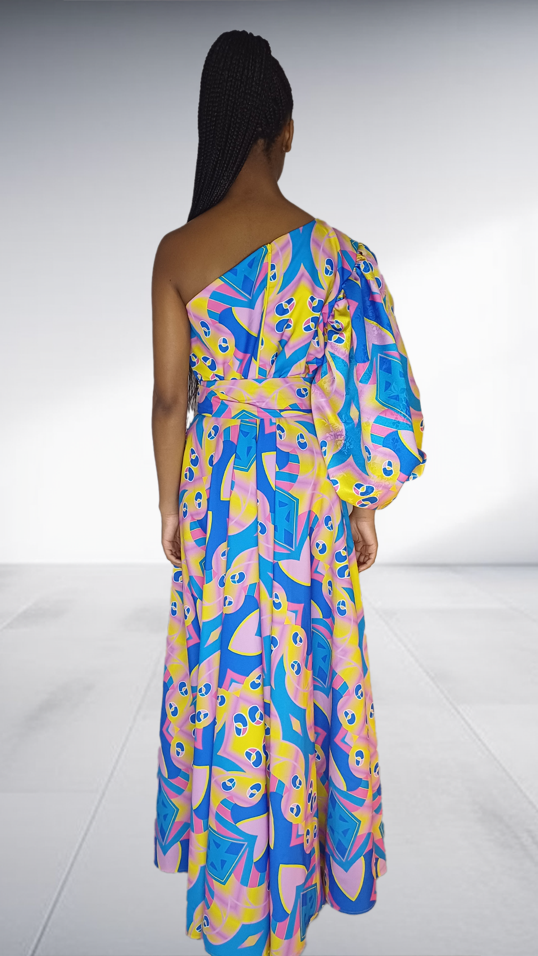 Vibrant Abstract Print One-Shoulder Maxi Dress