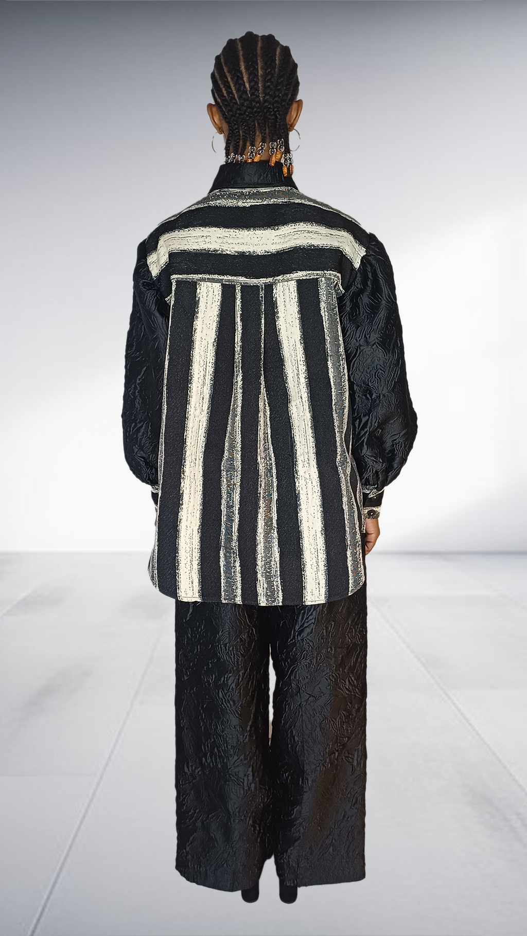 Agape Black Jacquard Silver Striped Two-Piece Set