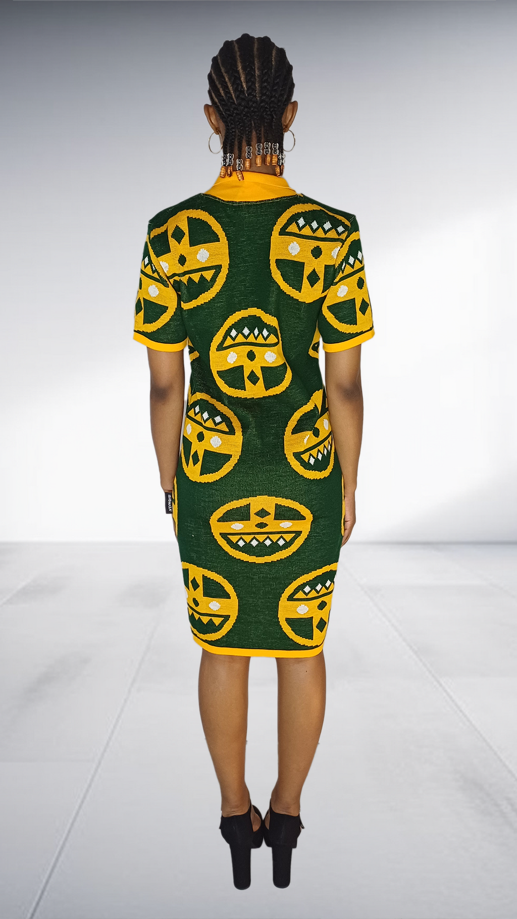 Isiqhaza Green & Gold African Mask Motif Polo Dress