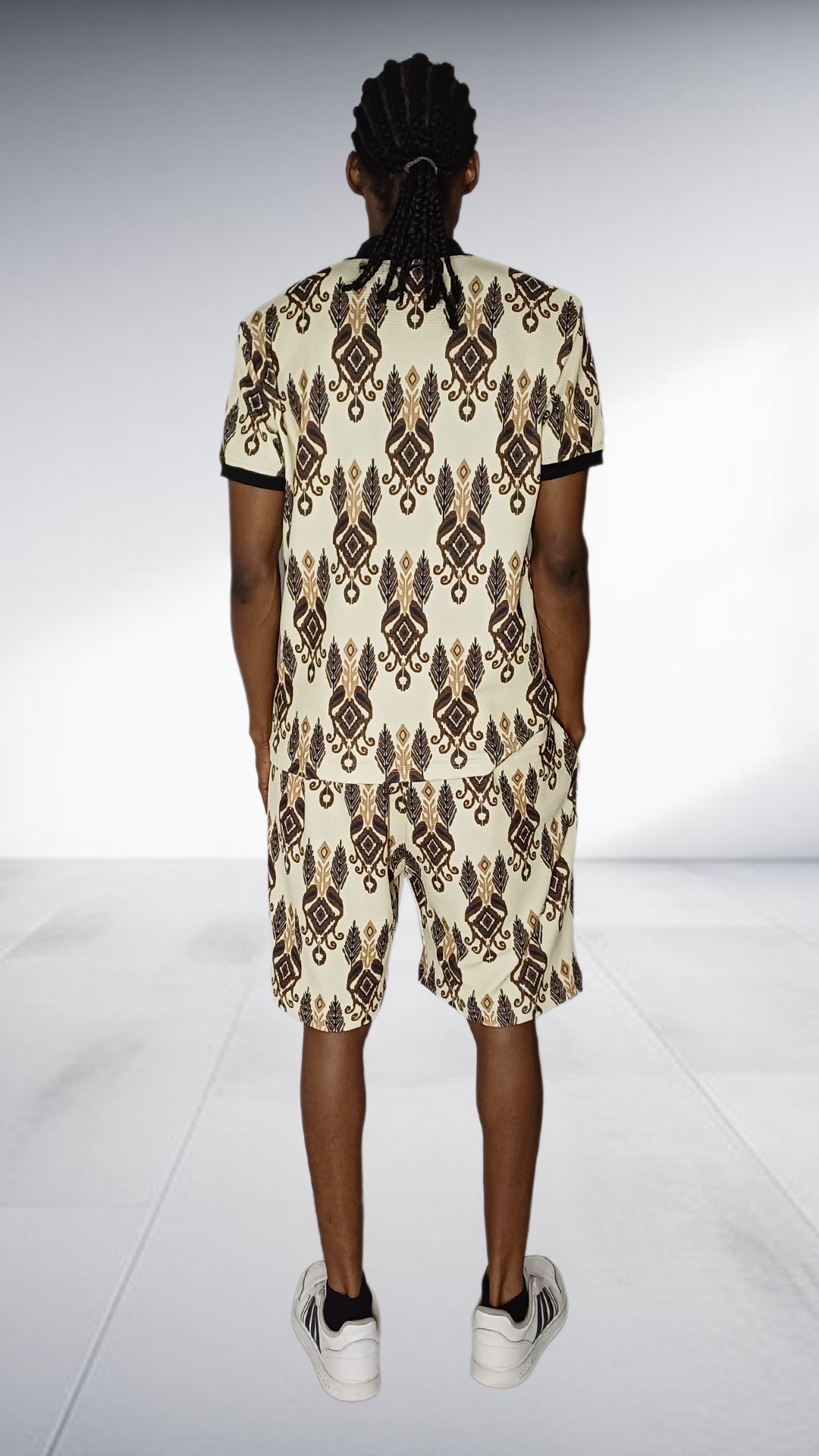 Ephymol Traditional Polo & Shorts Set - Cream & Brown