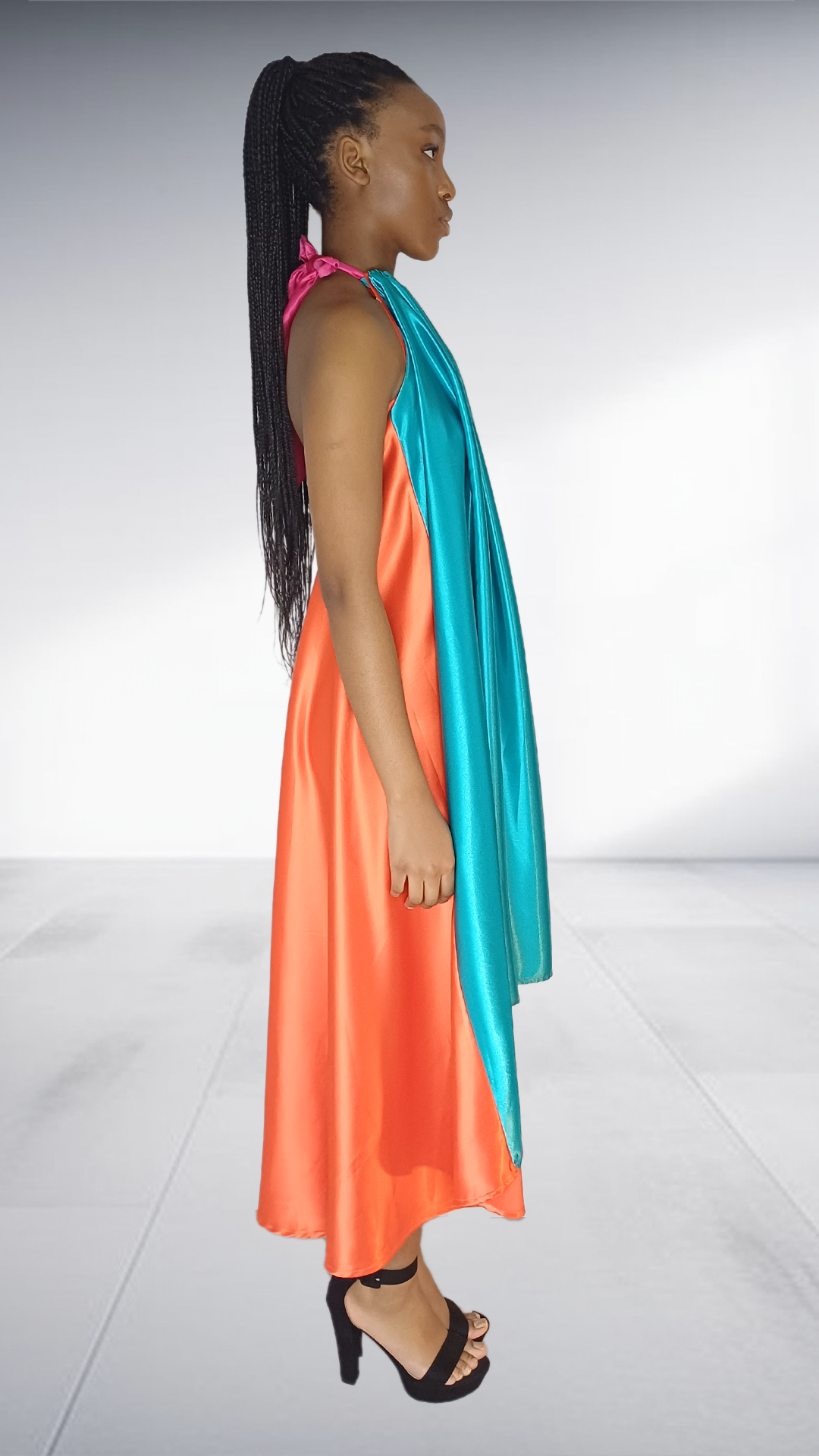 Turquoise & Coral Color-Block Halter Maxi Dress