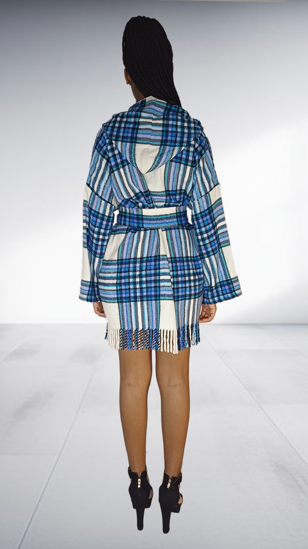 Blue Plaid Short Kobo with Fringe Belt