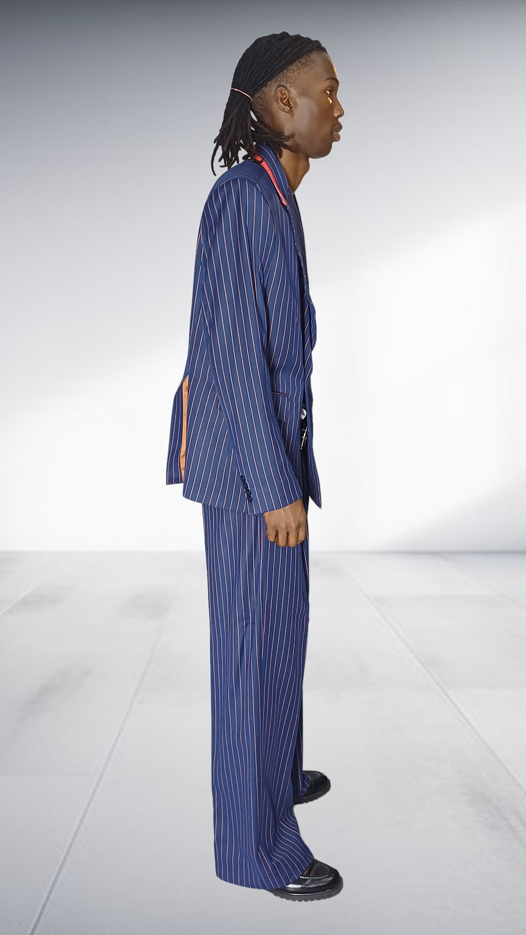 Fundundzi Navy Pinstripe Suit Set with Rust Orange Accents - Double-Breasted Blazer & Wide-Leg Pants