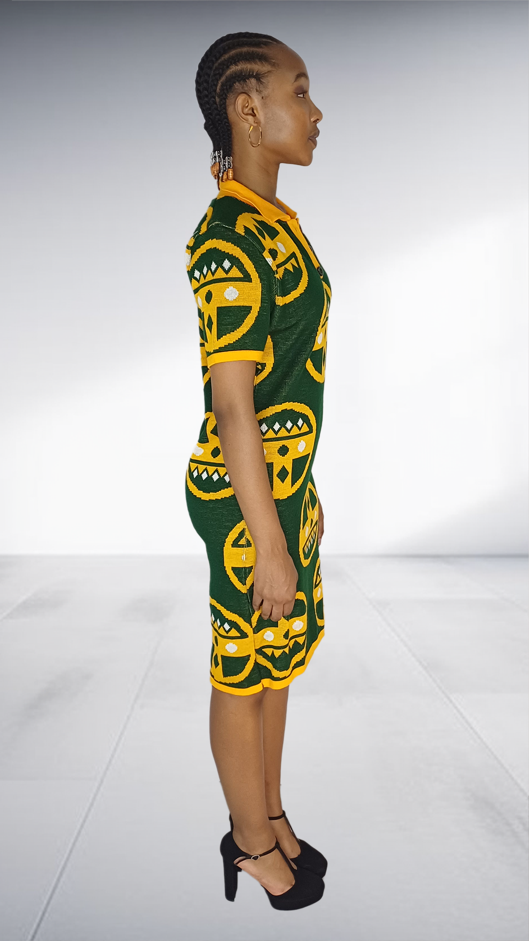 Isiqhaza Green & Gold African Mask Motif Polo Dress