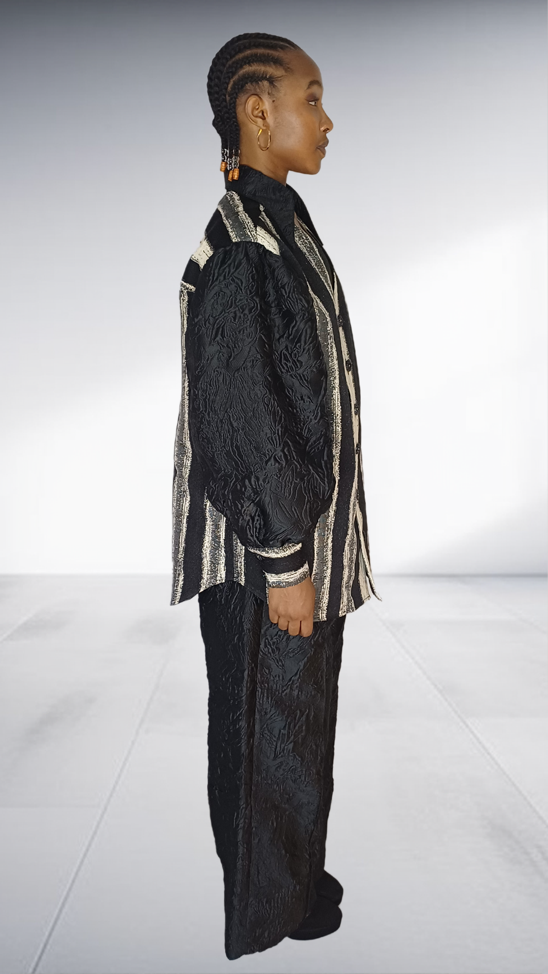 Black Jacquard Silver Striped Two-Piece Set