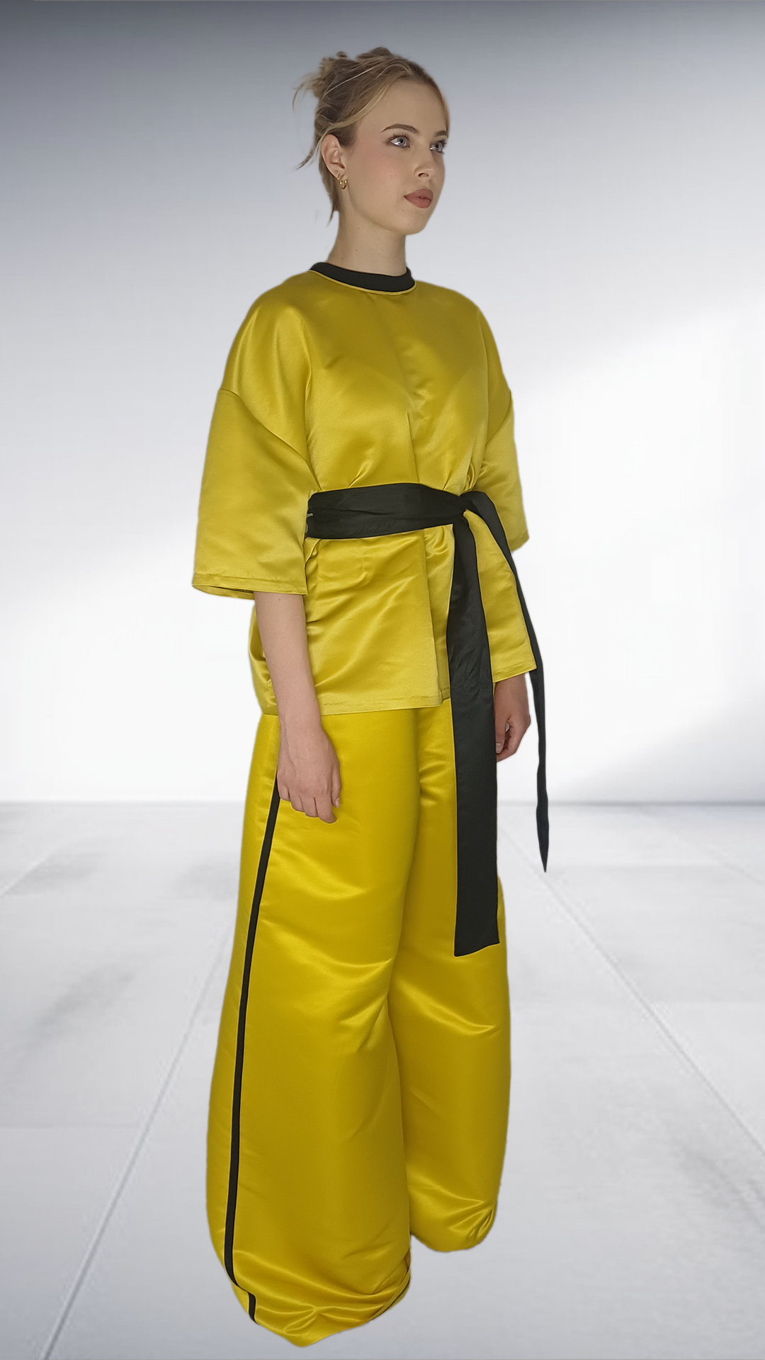 Matte Nolim Chartreuse Satin Wide-Leg Palazzo Set