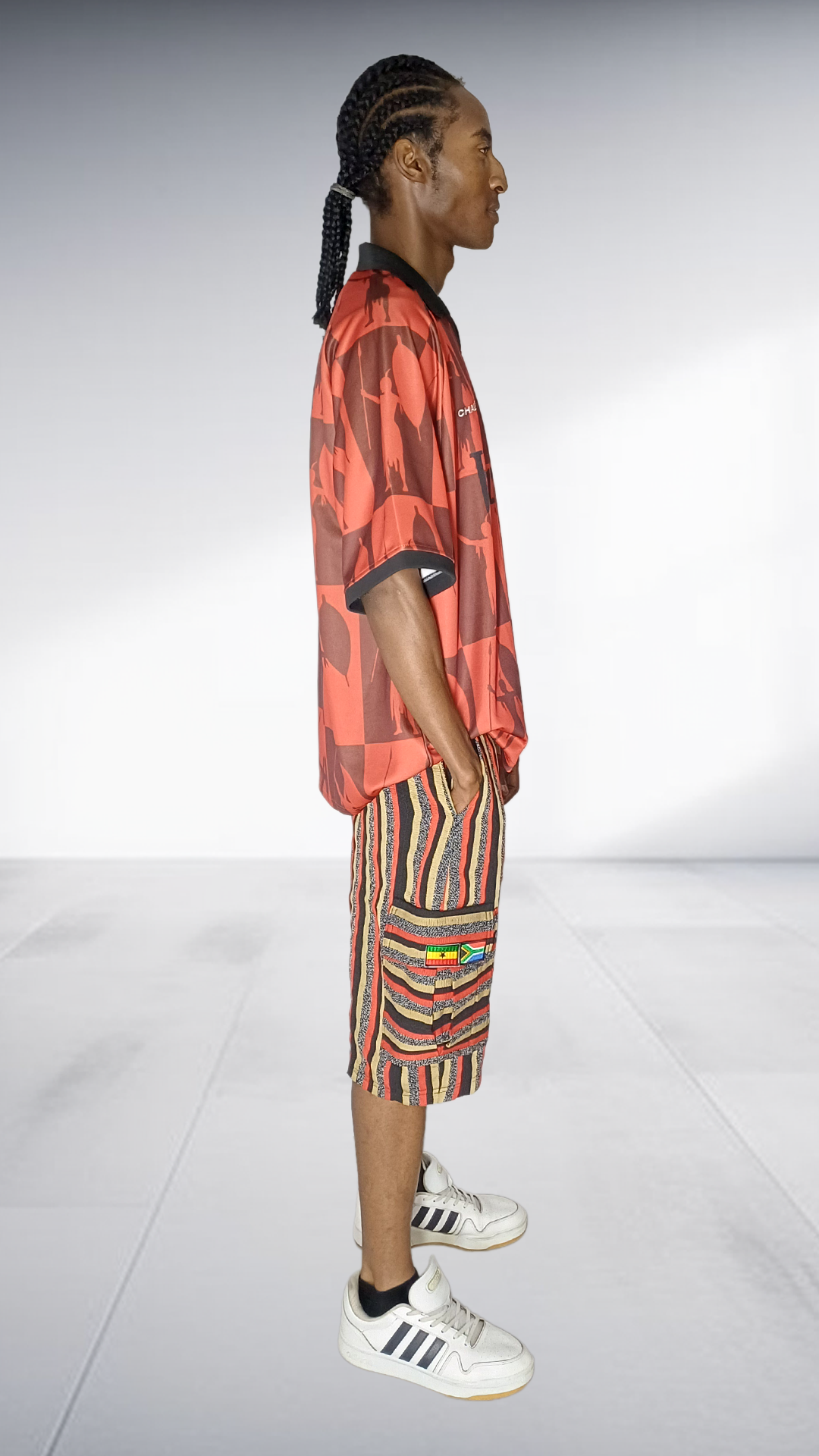 Chale Warrior Jersey & Striped Cargo Shorts Set - Coral