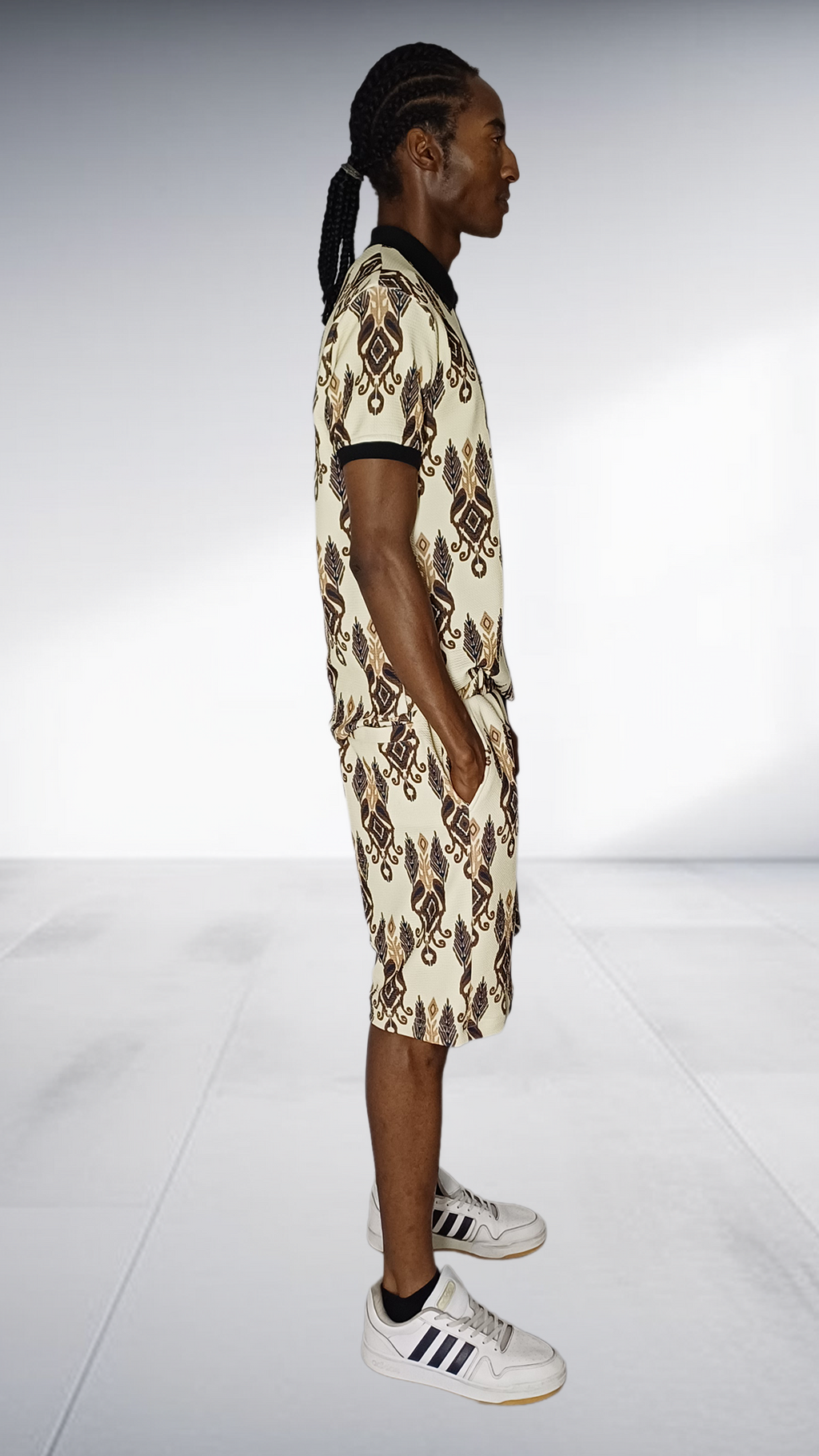 Ephymol Traditional Polo & Shorts Set - Cream & Brown