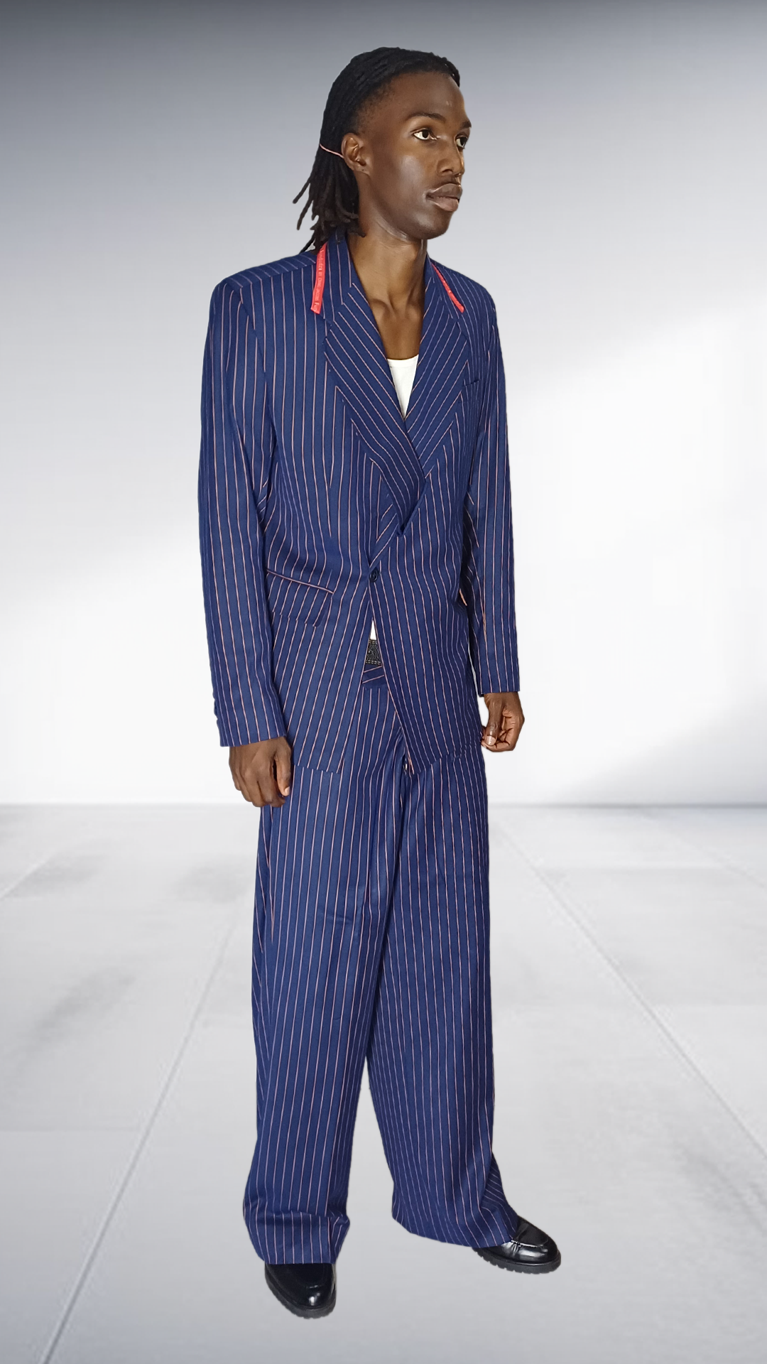 Fundundzi Navy Pinstripe Suit Set with Rust Orange Accents - Double-Breasted Blazer & Wide-Leg Pants