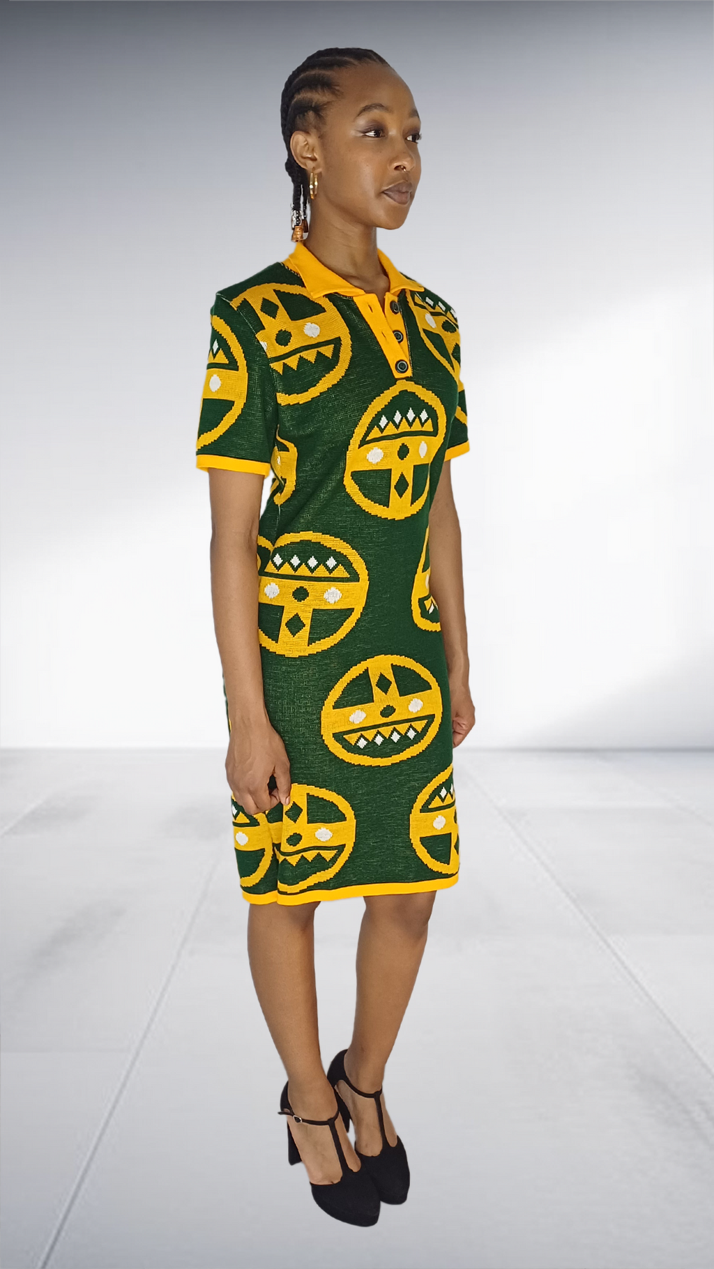 Isiqhaza Green & Gold African Mask Motif Polo Dress