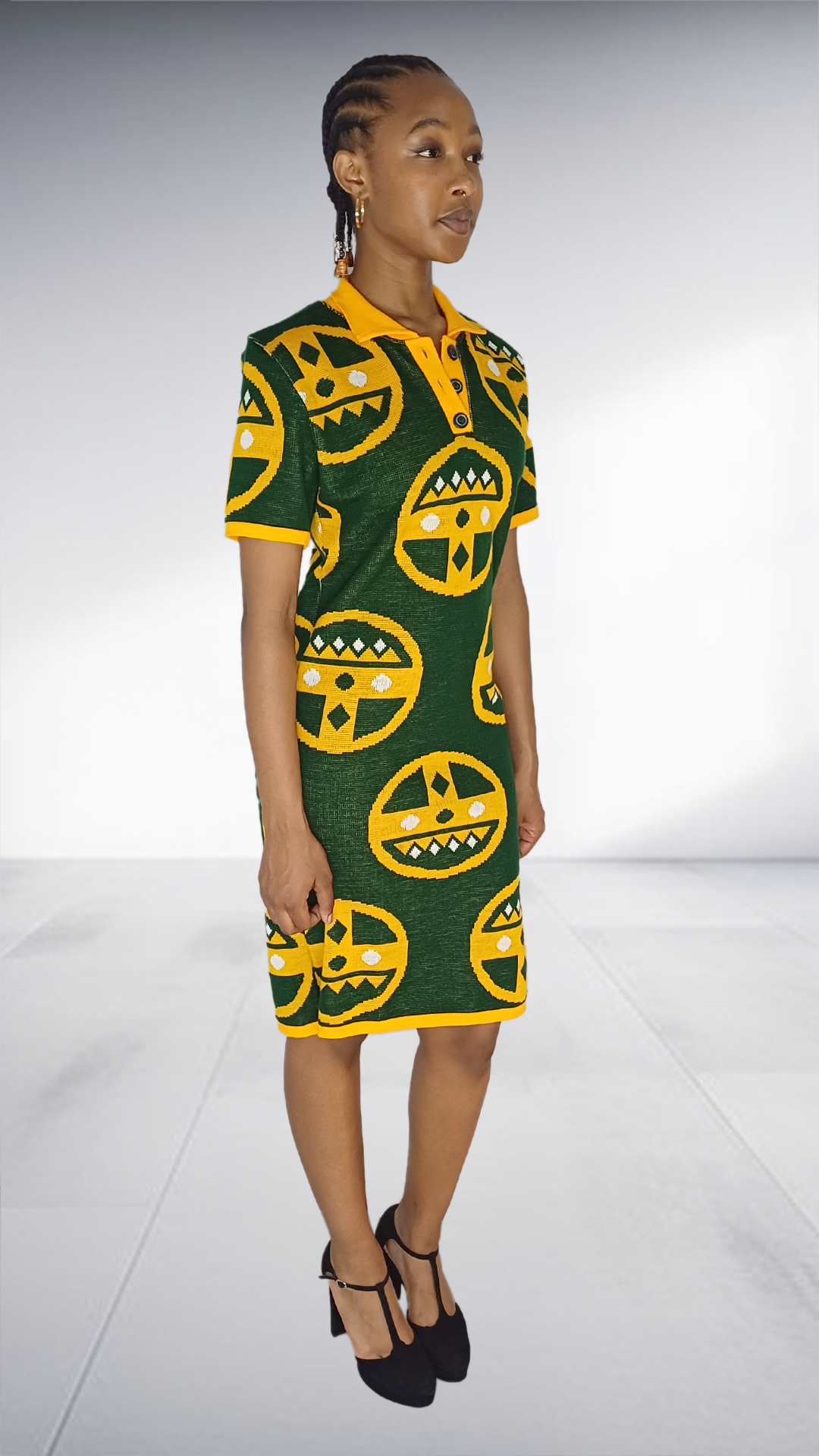 Isiqhaza Green & Gold African Mask Motif Polo Dress