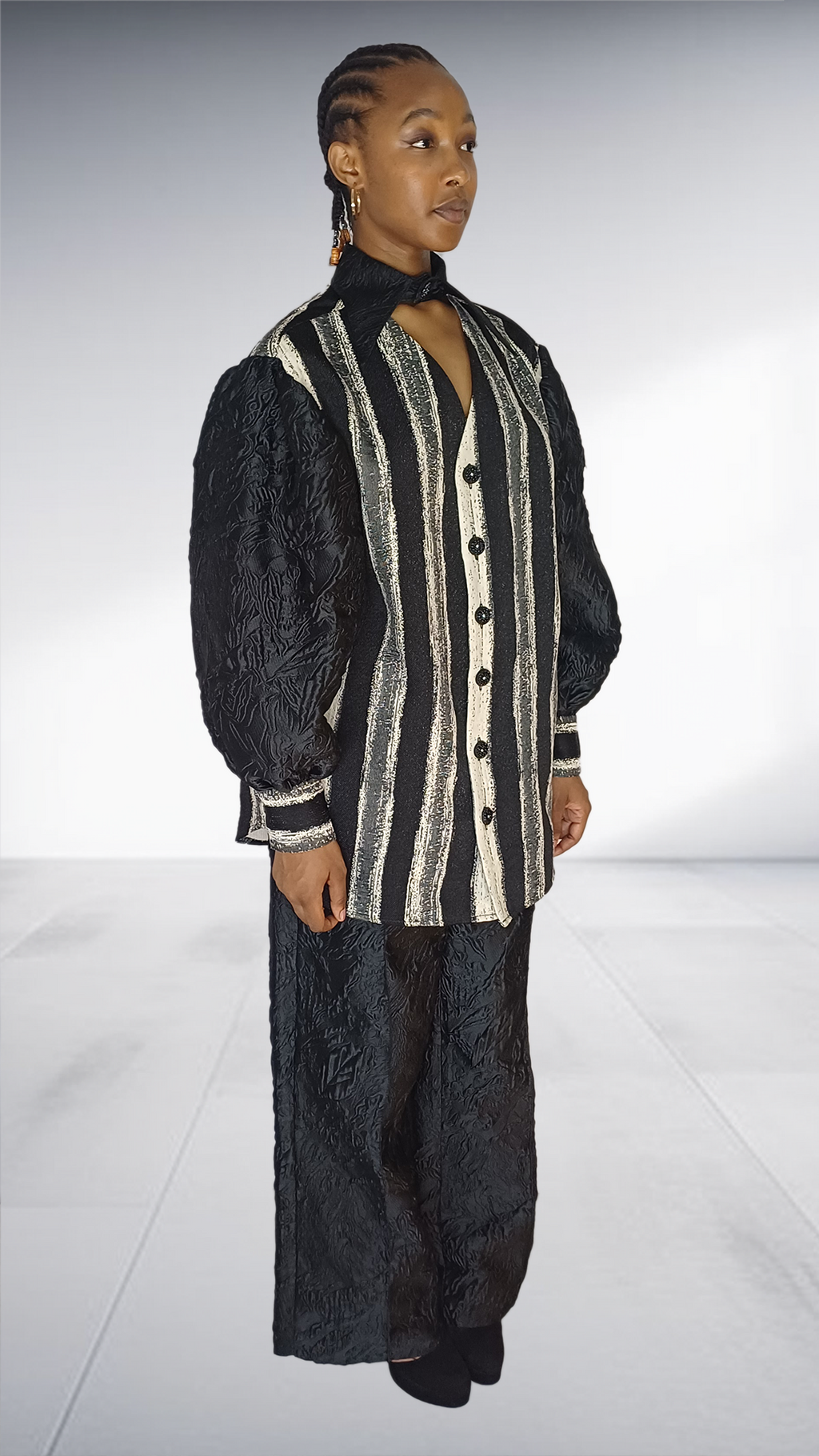 Agape Black Jacquard Silver Striped Two-Piece Set