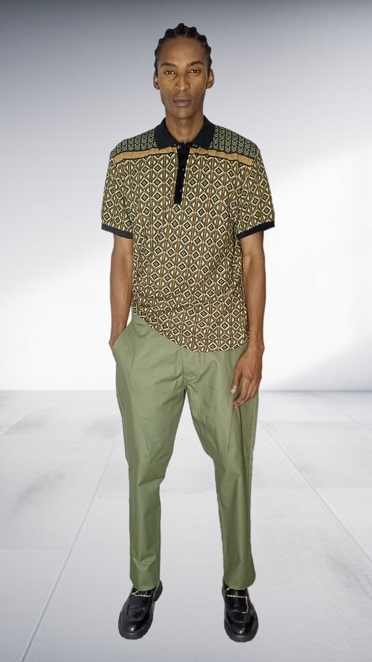 Ephymol Geometric Polo & Sage Pants Set - Gold & Black