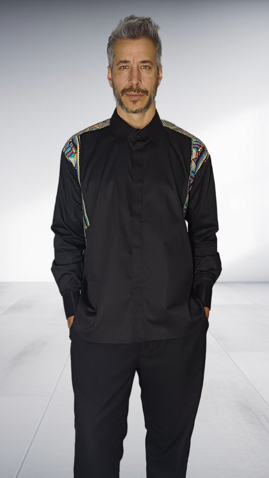 Jozsy Black Shirt with African Print Shoulder Detail - Multicolor