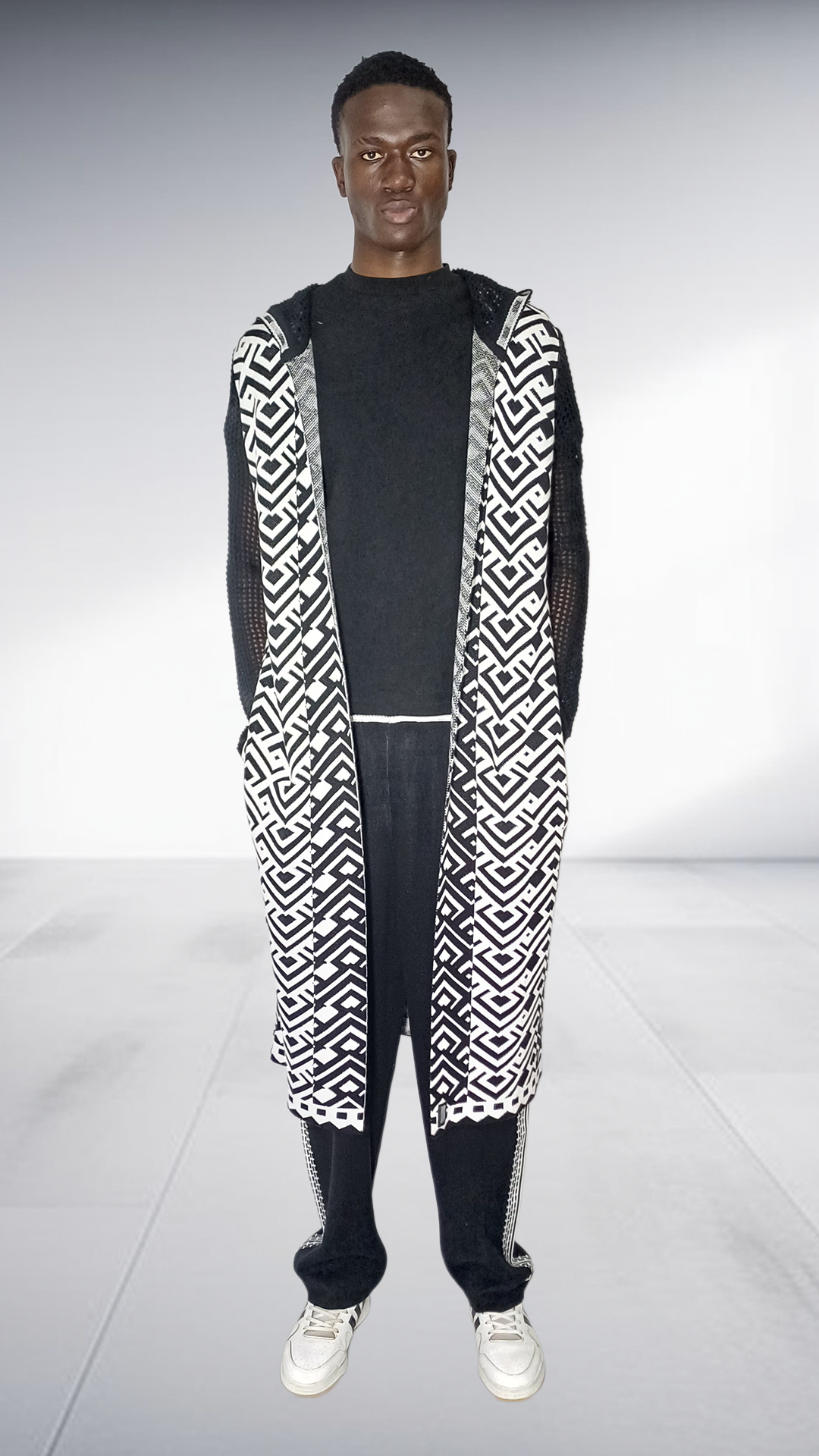 Zeitgeist Ethnic Geometric Mesh Maxi Cardigan - Black & White
