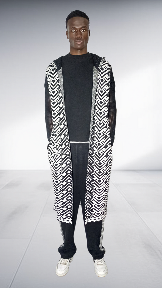 Zeitgeist Ethnic Geometric Mesh Maxi Cardigan - Black & White