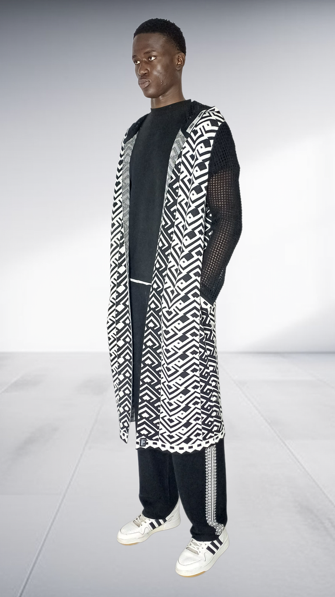 Zeitgeist Ethnic Geometric Mesh Maxi Cardigan - Black & White