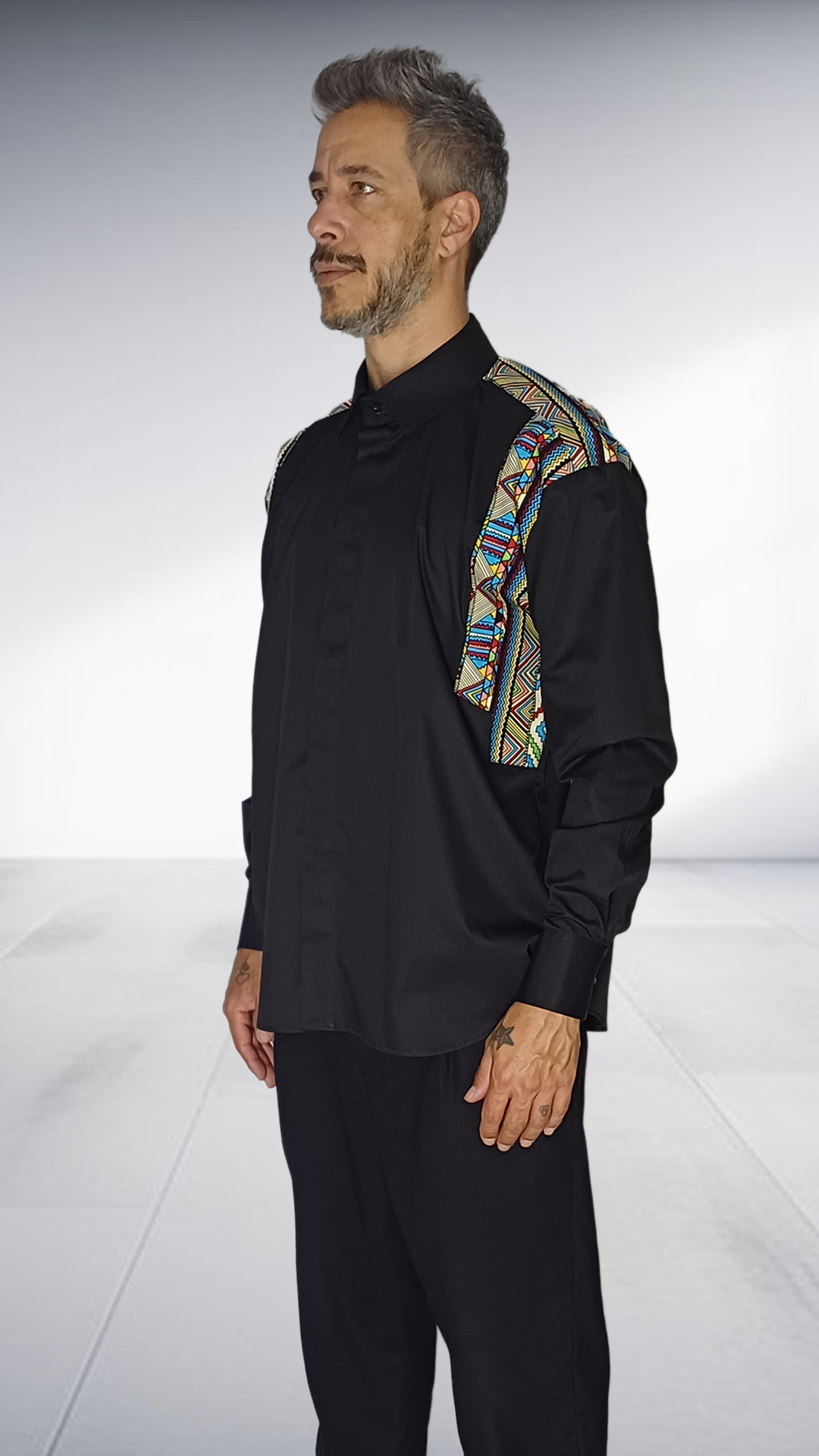 Jozsy Black Shirt with African Print Shoulder Detail - Multicolor