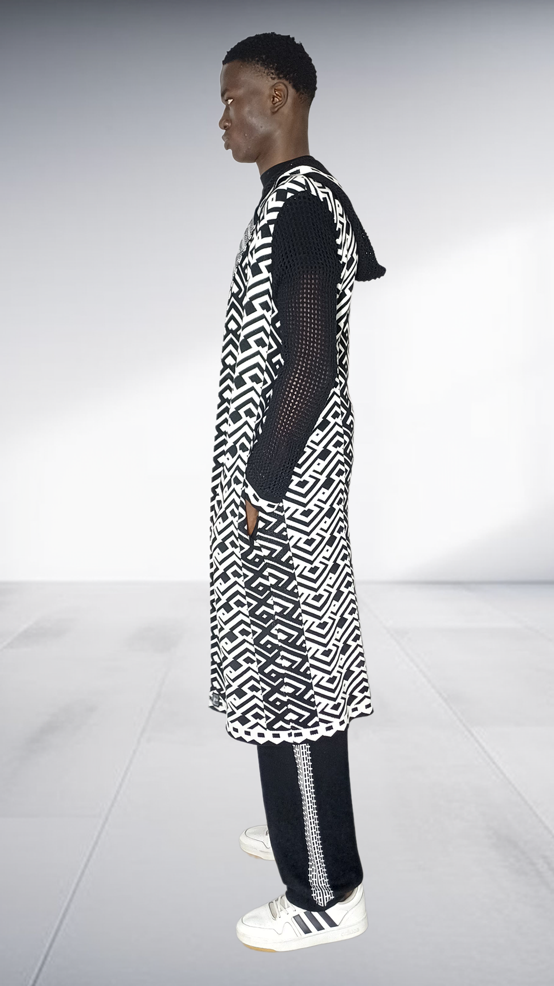 Zeitgeist Ethnic Geometric Mesh Maxi Cardigan - Black & White