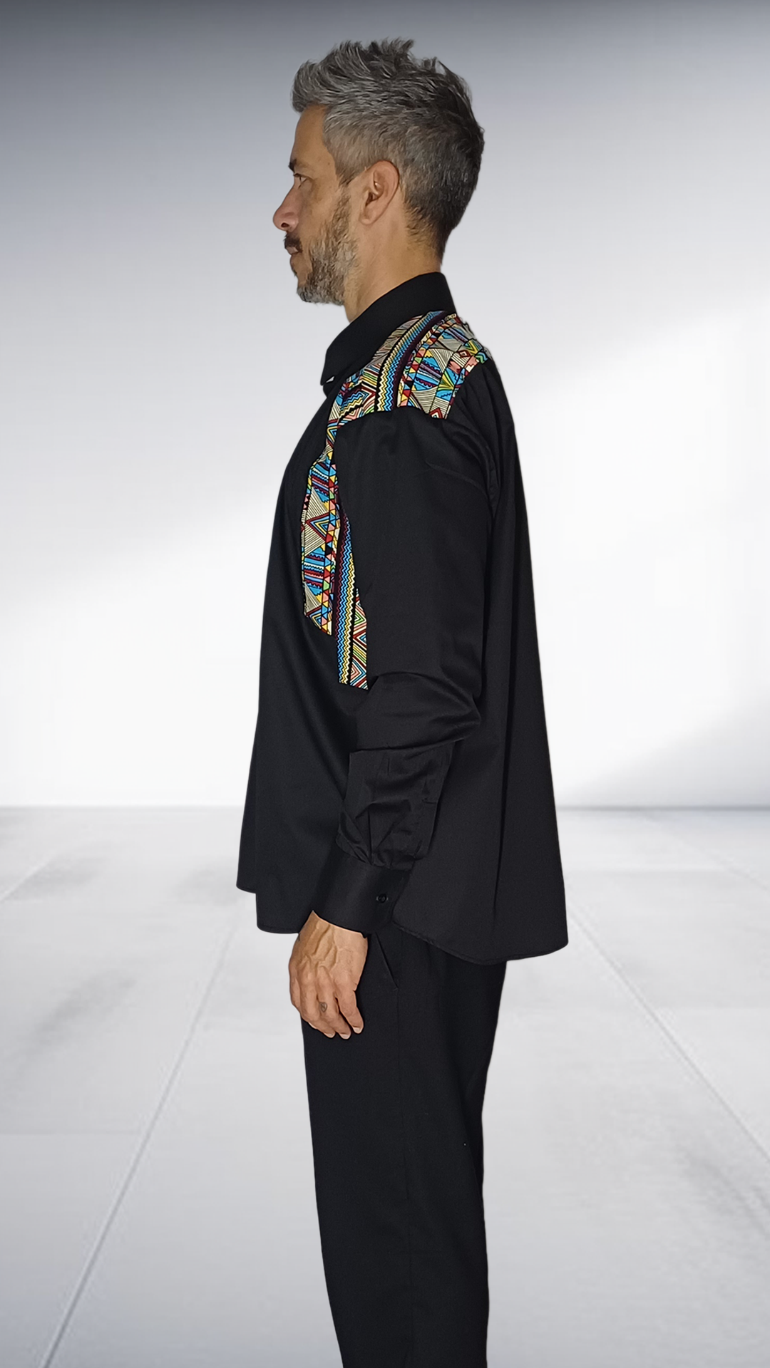 Jozsy Black Shirt with African Print Shoulder Detail - Multicolor