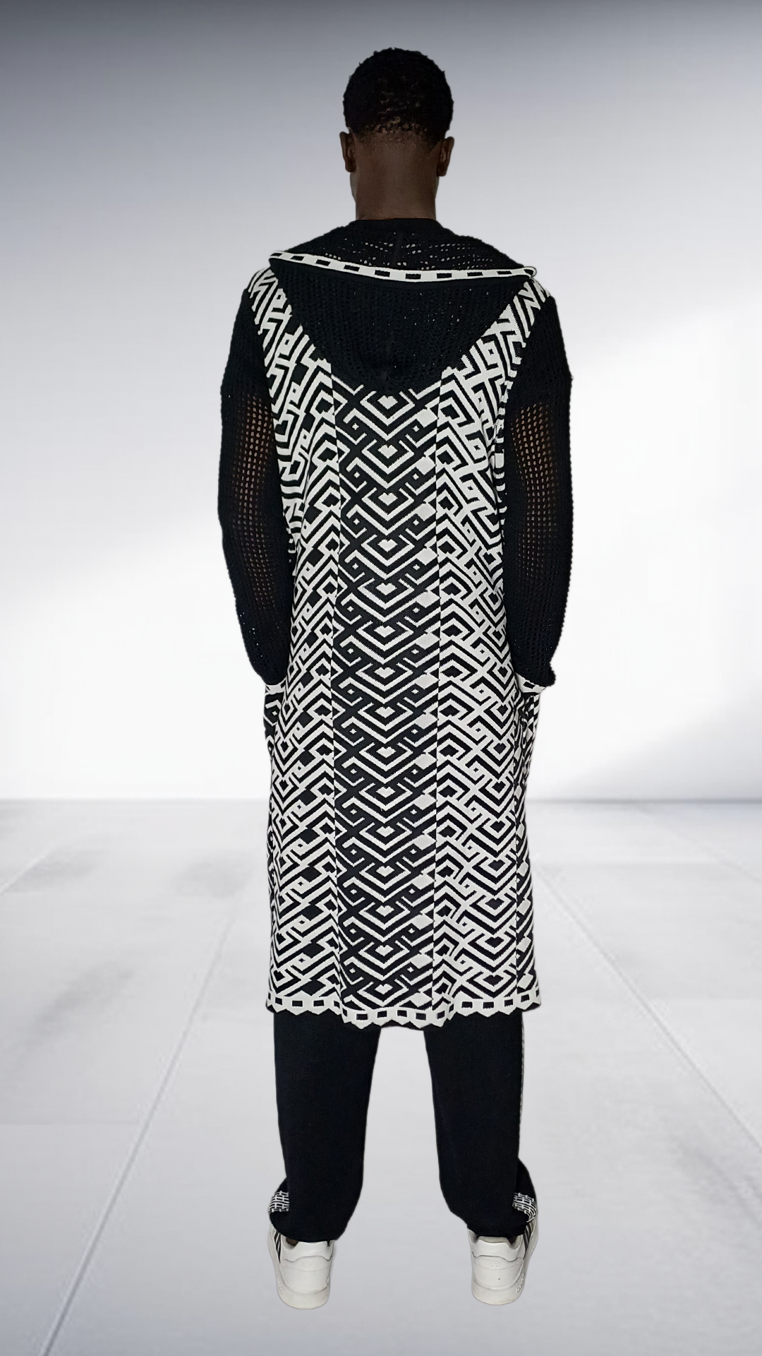 Zeitgeist Ethnic Geometric Mesh Maxi Cardigan - Black & White