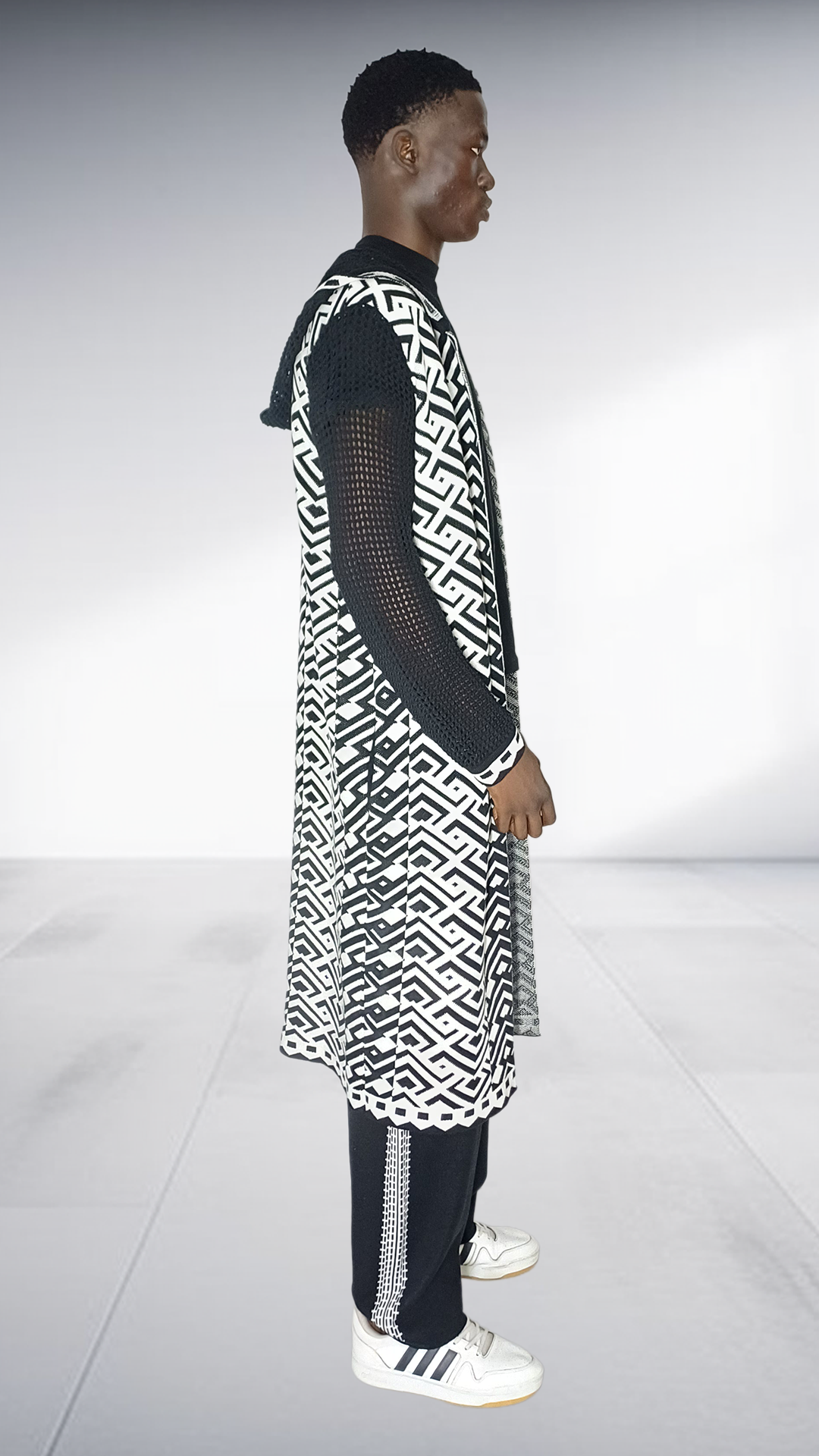 Zeitgeist Ethnic Geometric Mesh Maxi Cardigan - Black & White