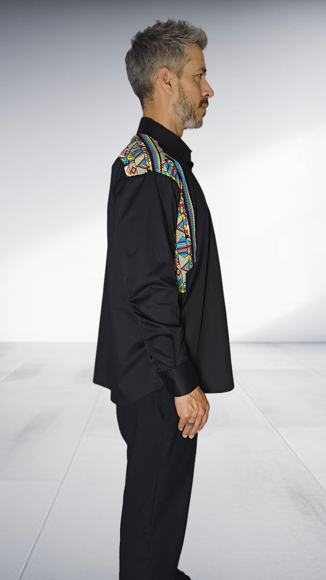 Jozsy Black Shirt with African Print Shoulder Detail - Multicolor