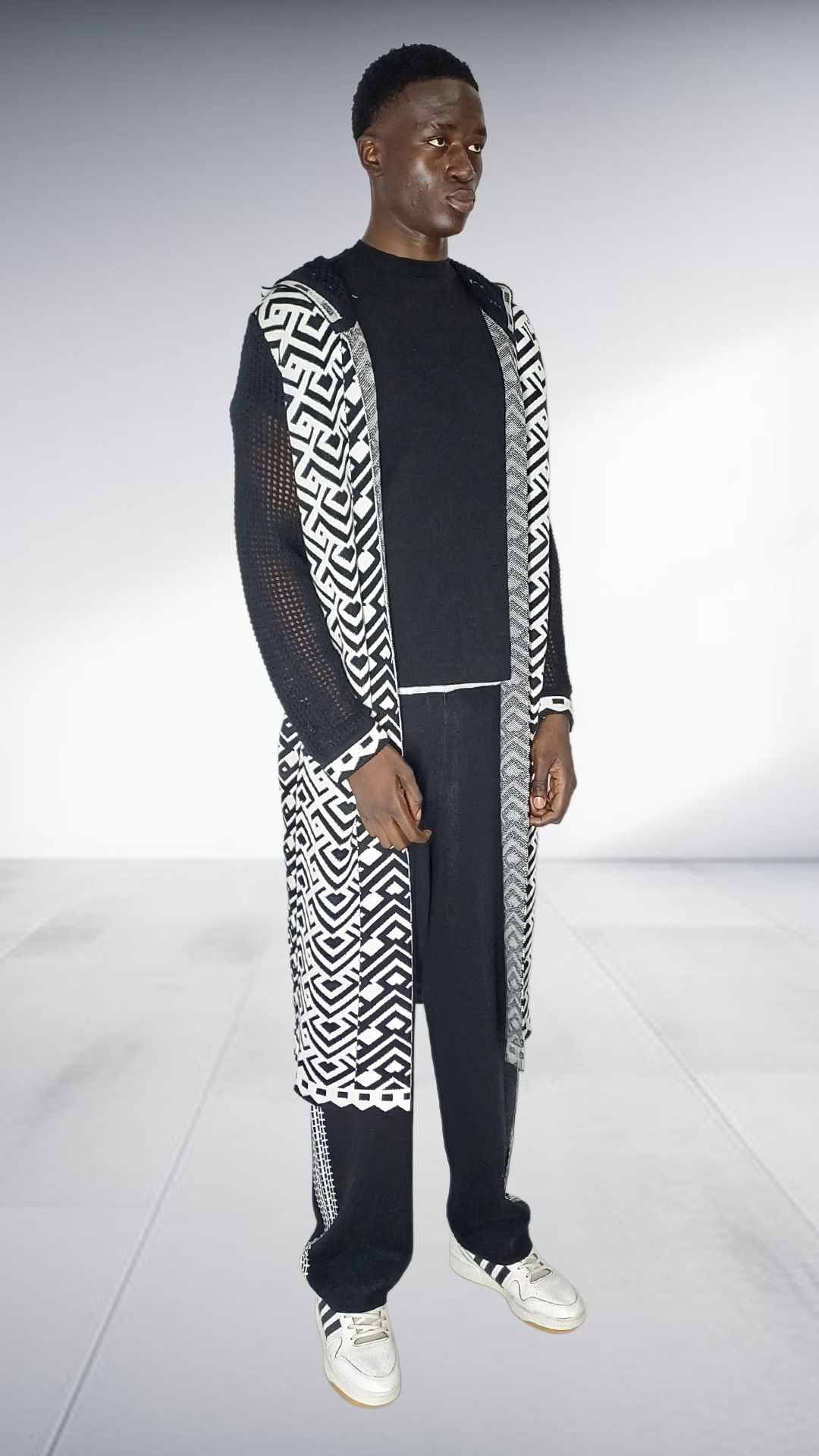 Zeitgeist Ethnic Geometric Mesh Maxi Cardigan - Black & White