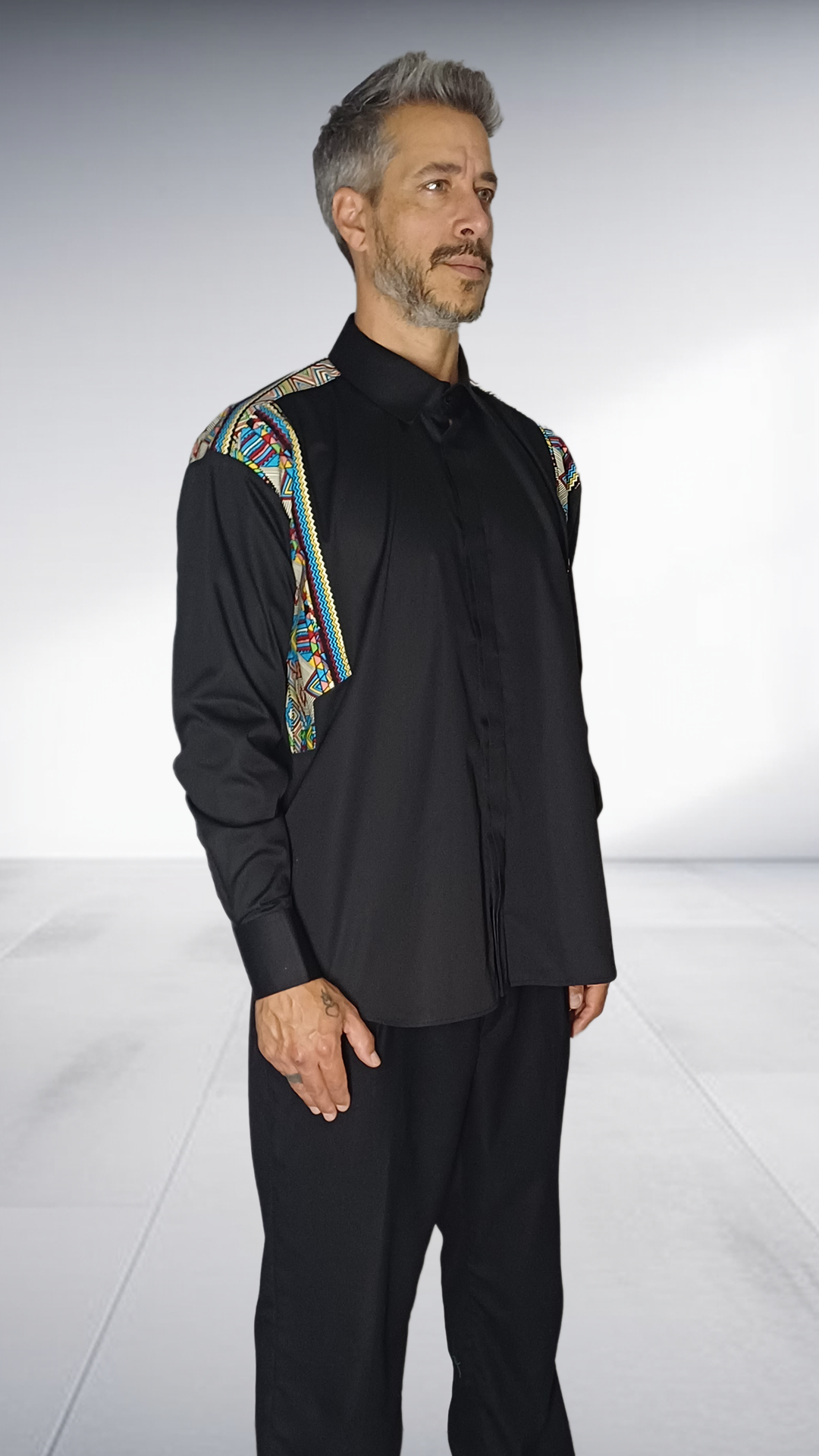 Jozsy Black Shirt with African Print Shoulder Detail - Multicolor