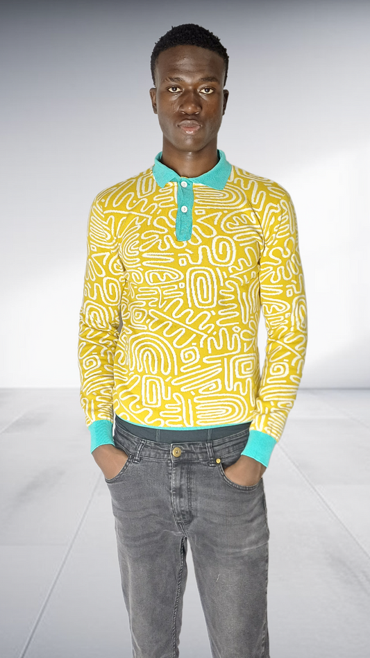 Thula Sindi Geometric Long Sleeve Polo Shirt - Yellow & Turquoise