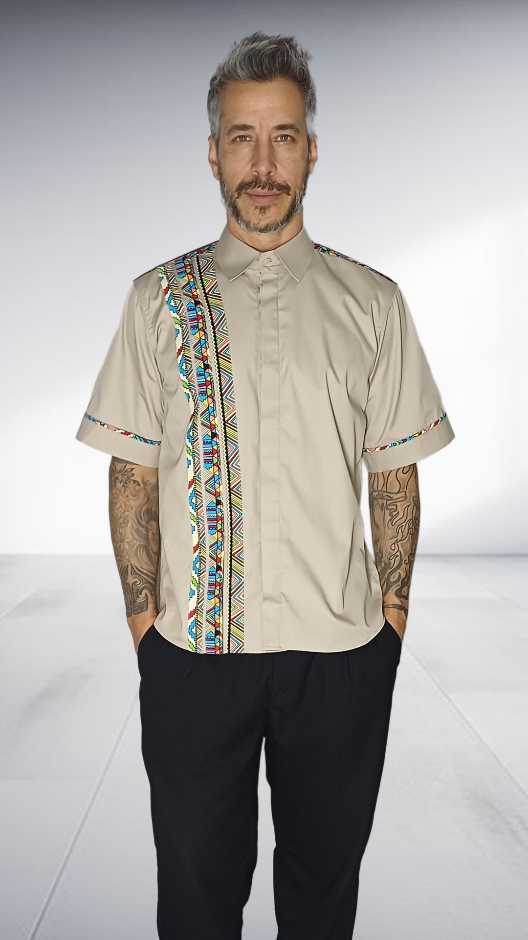 Jozsy Beige Shirt with African Print Trim - Turquoise, Coral & Yellow