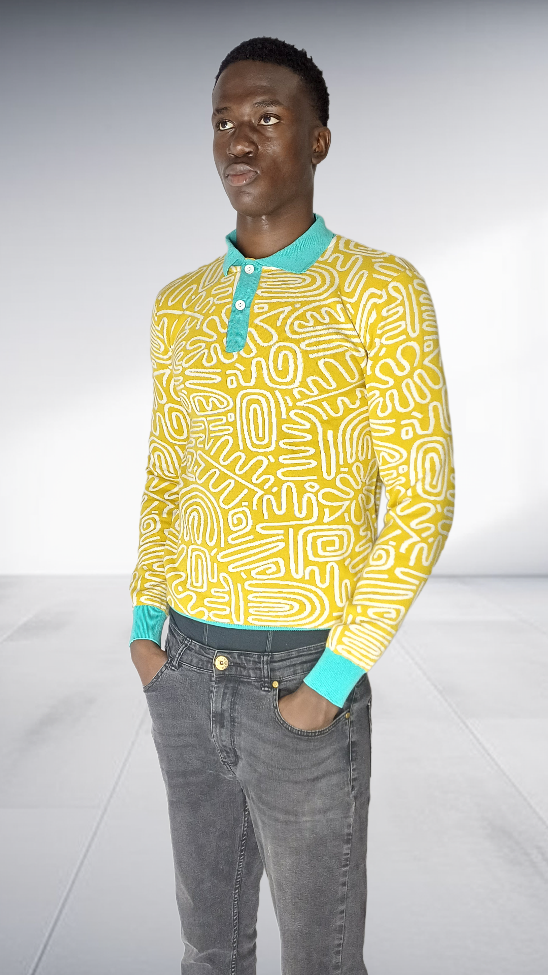 Thula Sindi Geometric Long Sleeve Polo Shirt - Yellow & Turquoise