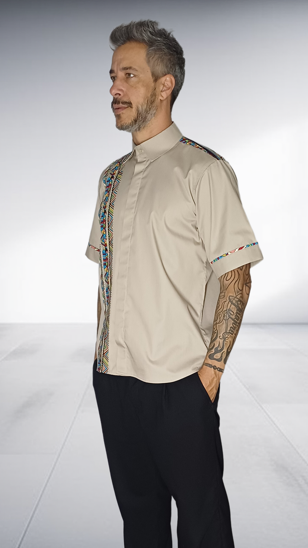 Jozsy Beige Shirt with African Print Trim - Turquoise, Coral & Yellow