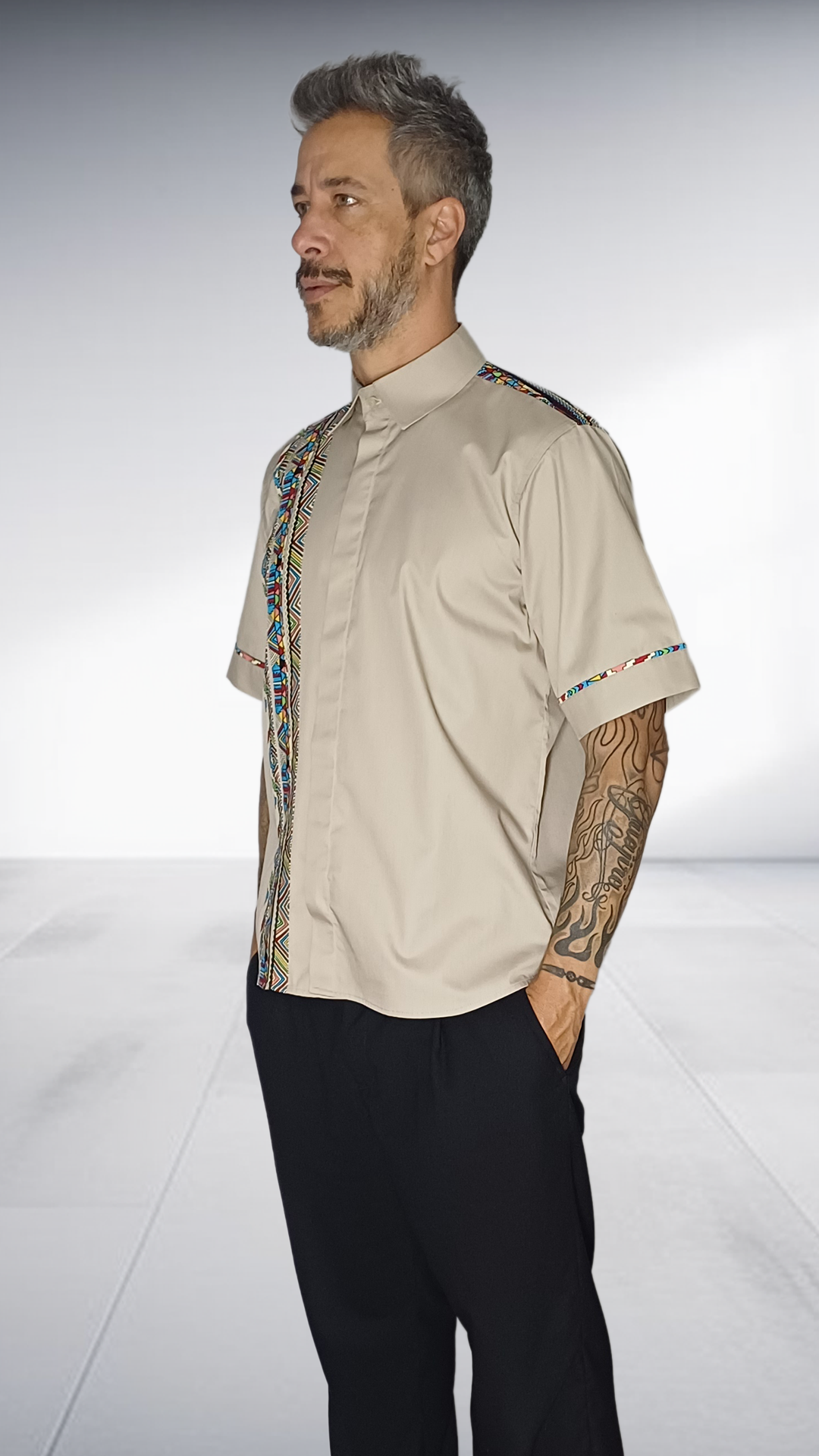 Jozsy Beige Shirt with African Print Trim - Turquoise, Coral & Yellow