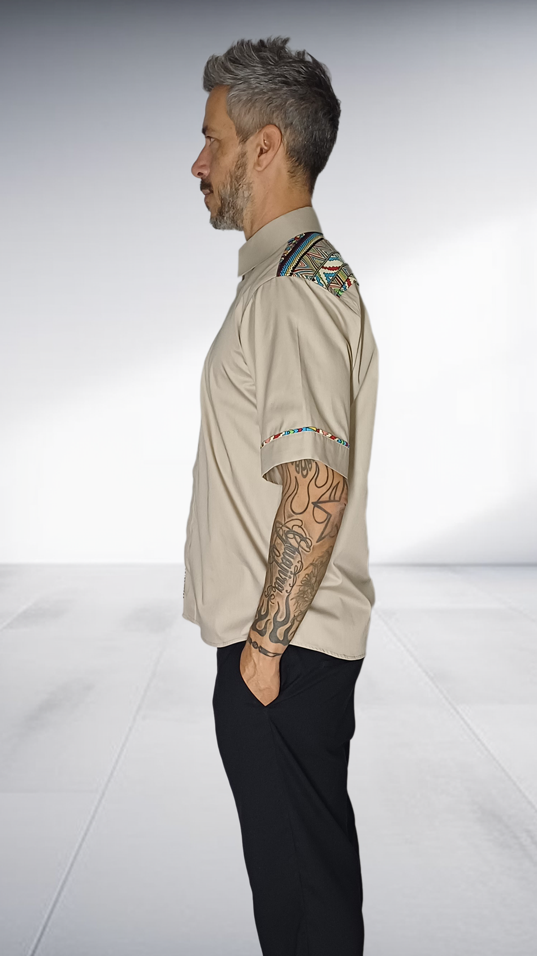 Jozsy Beige Shirt with African Print Trim - Turquoise, Coral & Yellow