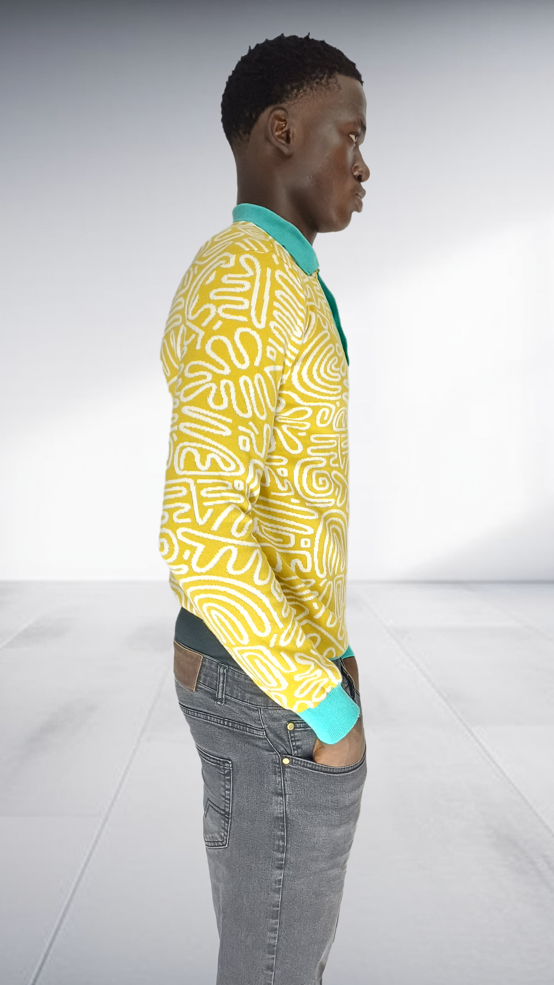 Thula Sindi Geometric Long Sleeve Polo Shirt - Yellow & Turquoise