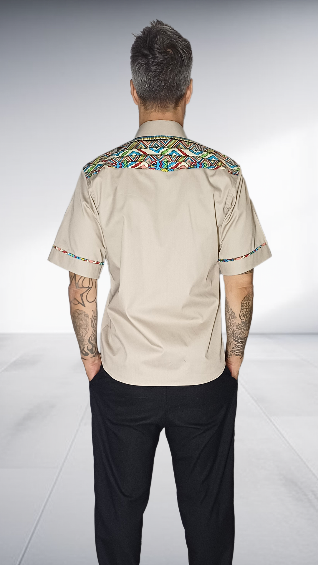 Jozsy Beige Shirt with African Print Trim - Turquoise, Coral & Yellow