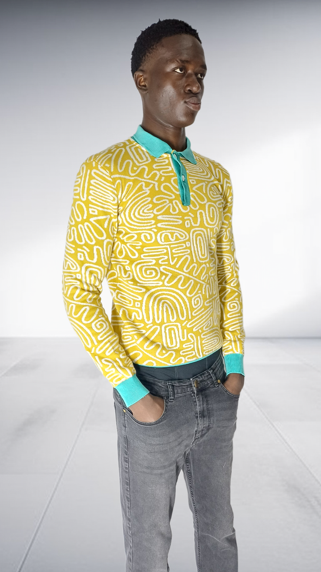 Thula Sindi Geometric Long Sleeve Polo Shirt - Yellow & Turquoise