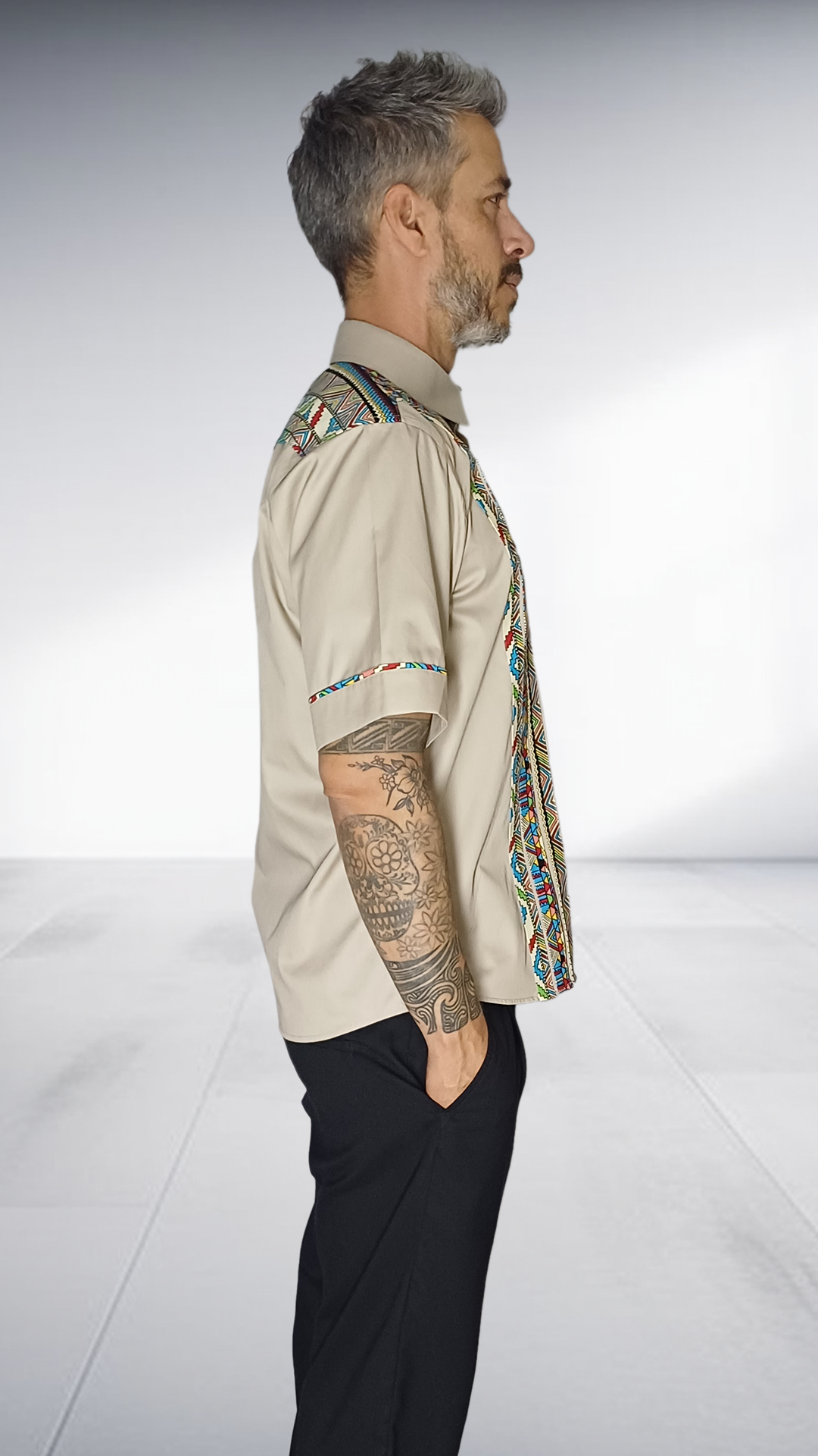 Jozsy Beige Shirt with African Print Trim - Turquoise, Coral & Yellow