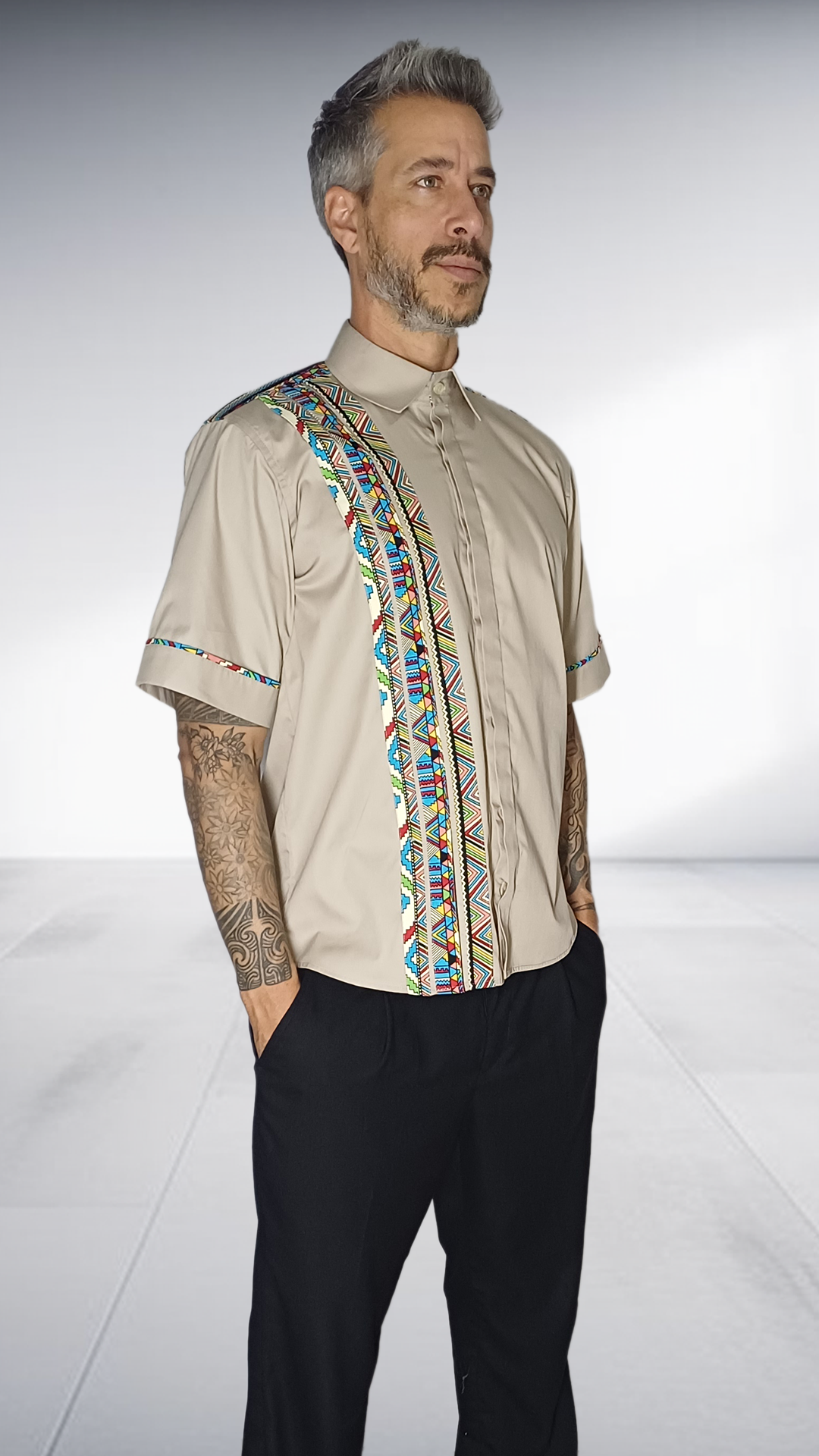 Jozsy Beige Shirt with African Print Trim - Turquoise, Coral & Yellow