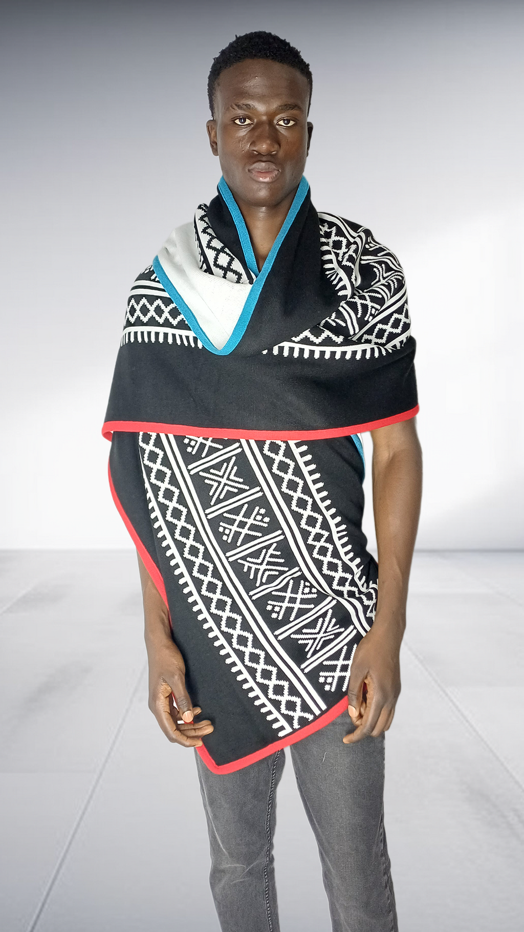 Thula Sindi Barati Geometric Scarf - Black, White, Turquoise & Coral – geometric Scarf | AfricaRise