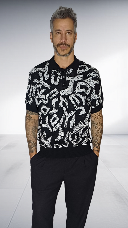 Jozsy Abstract Print Knit Golf Shirt - Black & White
