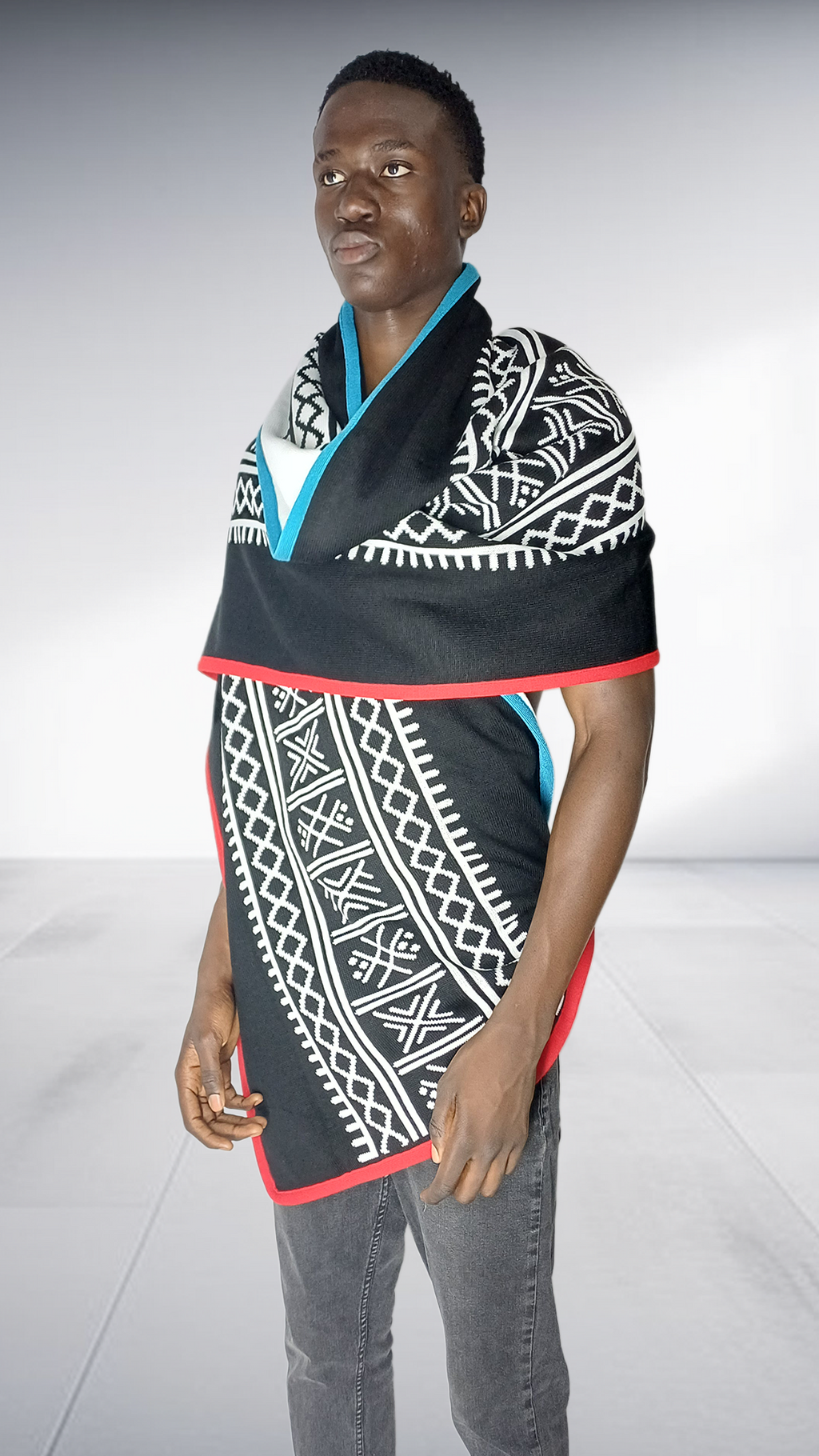 Thula Sindi Barati Geometric Scarf - Black, White, Turquoise & Coral – geometric Scarf, view 2 | AfricaRise
