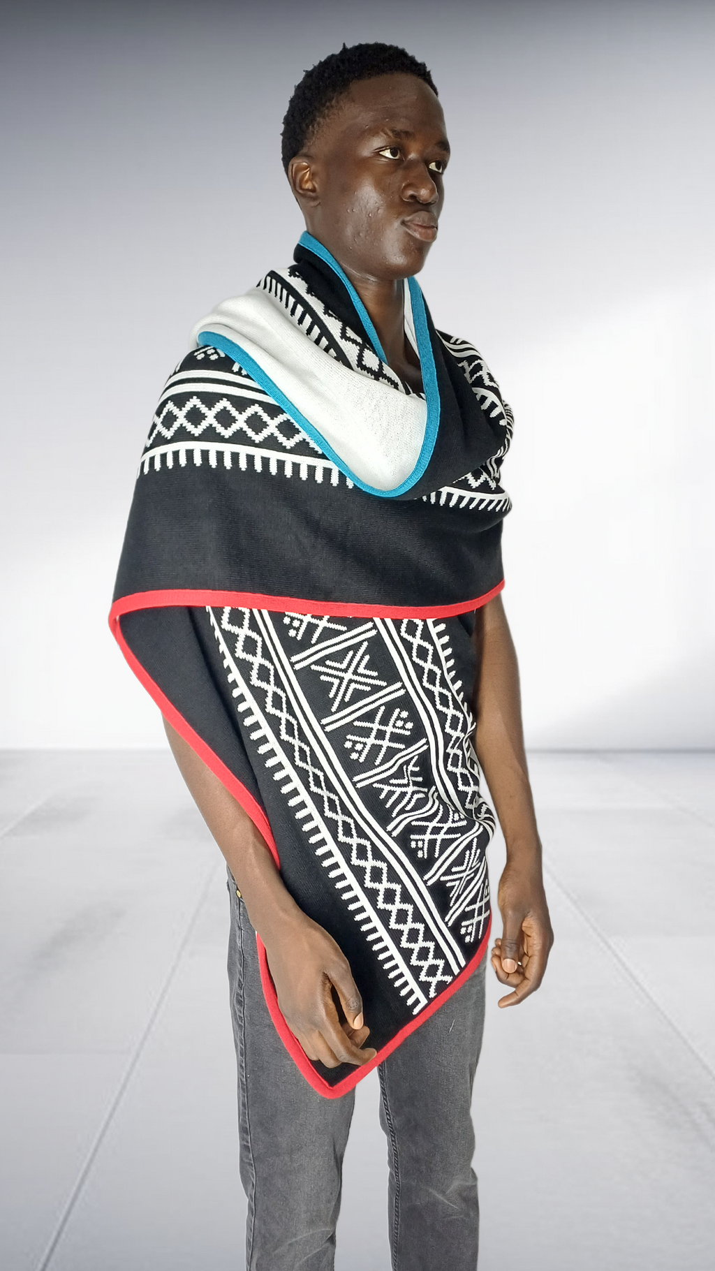 Thula Sindi Barati Geometric Scarf - Black, White, Turquoise & Coral – geometric Scarf, view 3 | AfricaRise