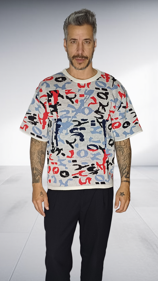 Jozsy Graffiti Print Oversized Knit T-Shirt - Grey, Red & Black