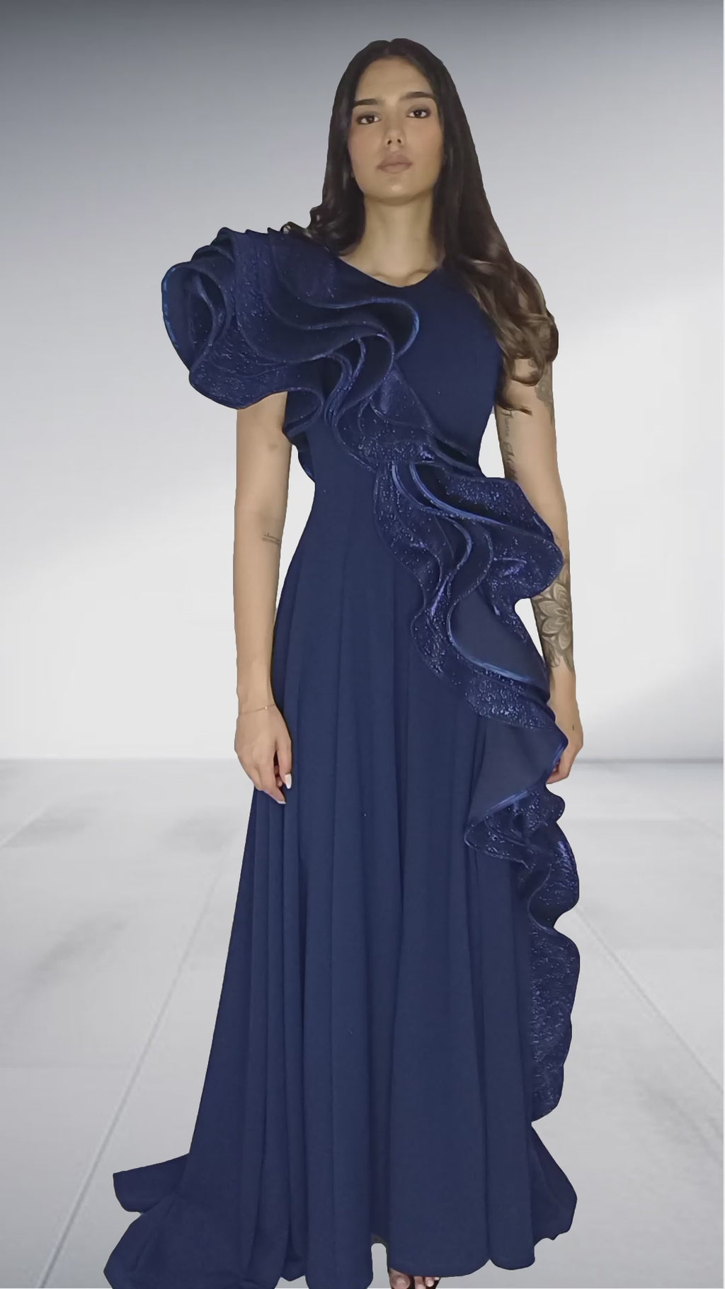 Erre Navy Blue Ruffled Evening Gown